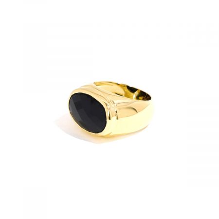 Ridge Oval Black Onyx Gemstone Gold Plated Silver Ring