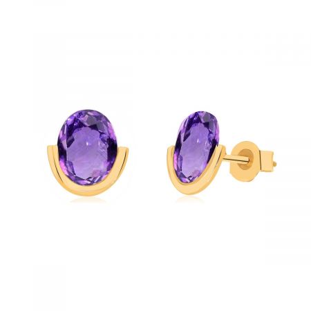 Oval Solitaire Gemstone February Birthstone Yellow Gold Plated Sterling Silver Amethyst Silver Stud Earring
