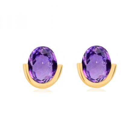 Oval Solitaire Gemstone February Birthstone Yellow Gold Plated Sterling Silver Amethyst Silver Stud Earring