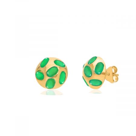 Green Onyx Statement Dome Gold Plated Silver Stud Earrings
