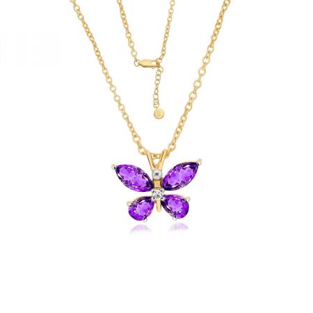 Amethyst Gemstone Butterfly Gold Plated Vermeil Silver Pendant Necklace