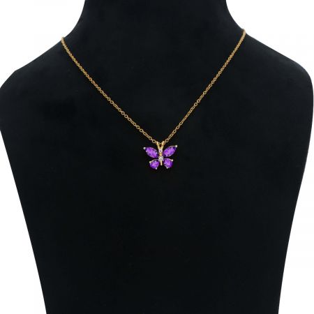 Amethyst Gemstone Butterfly Gold Plated Vermeil Silver Pendant Necklace