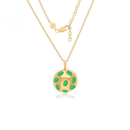 Green Onyx Round Dome Gold Plated Silver Pendant Chain Necklace