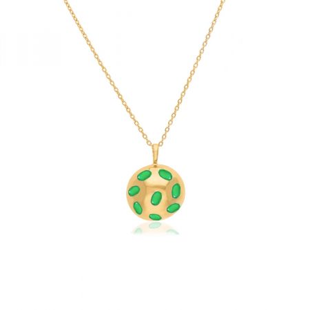 Green Onyx Round Dome Gold Plated Silver Pendant Chain Necklace