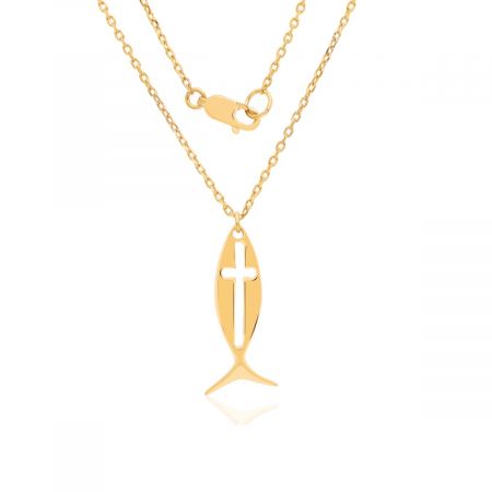 Christian ichthys Signs of the Fish Holy Cross Gold Plated Silver Pendant Necklace