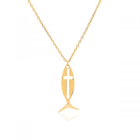 Christian ichthys Signs of the Fish Holy Cross Gold Plated Silver Pendant Necklace