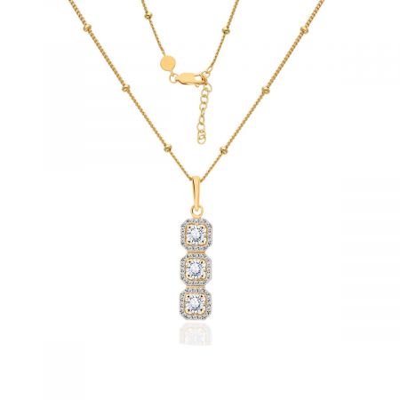 Three-Stone White Zircon Gold Plated Silver Pendant Necklace