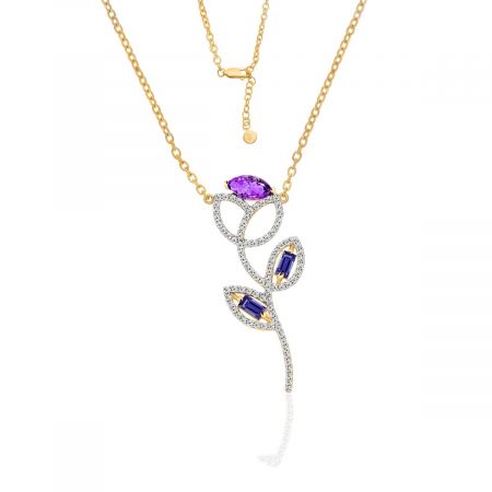 Amethyst Flower Pendant with White Topaz-925 Sterling Silver Pendant-Natural Amethyst Stone-Amethyst Gold Plated Silver Pendant Necklace