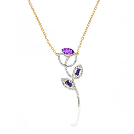 Amethyst Flower Pendant with White Topaz-925 Sterling Silver Pendant-Natural Amethyst Stone-Amethyst Gold Plated Silver Pendant Necklace