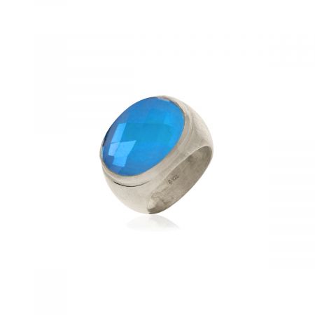 Ridge Oval Blue Chalcedony Gemstone Rhodium Plated Silver Ring
