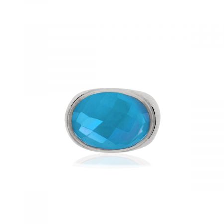Ridge Oval Blue Chalcedony Gemstone Rhodium Plated Silver Ring