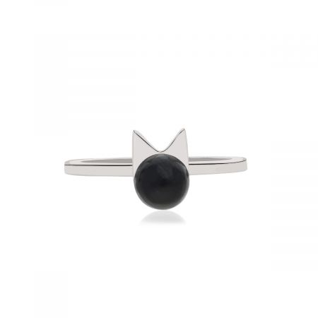 Black Onyx Cat Ear Rhodium Plated Silver Ring
