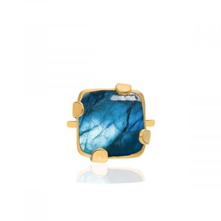 Square Labradorite Signet Gold Plated Silver Ring