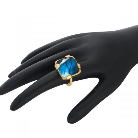 Square Labradorite Signet Gold Plated Silver Ring