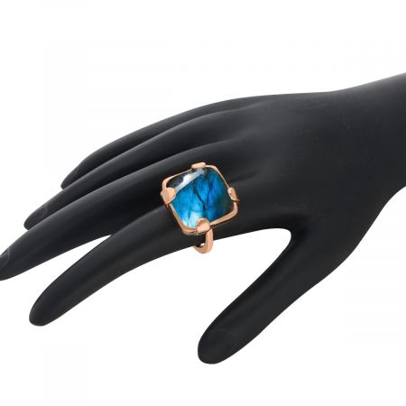 Square Labradorite Signet Rose Gold Plated Silver Ring