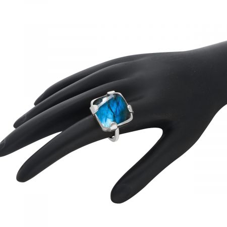 Square Labradorite Signet Rhodium Plated Silver Ring