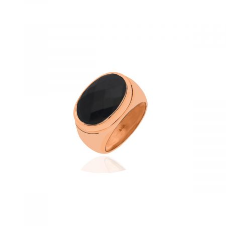 Ridge Oval Black Onyx Gemstone Rose Gold Plated Silver Ring