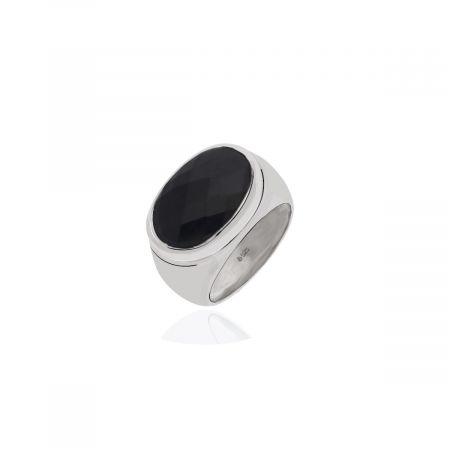 Ridge Oval Black Onyx Gemstone Rhodium Plated Silver Ring