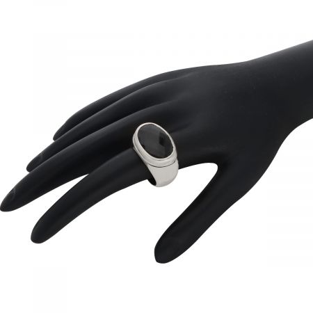 Ridge Oval Black Onyx Gemstone Rhodium Plated Silver Ring