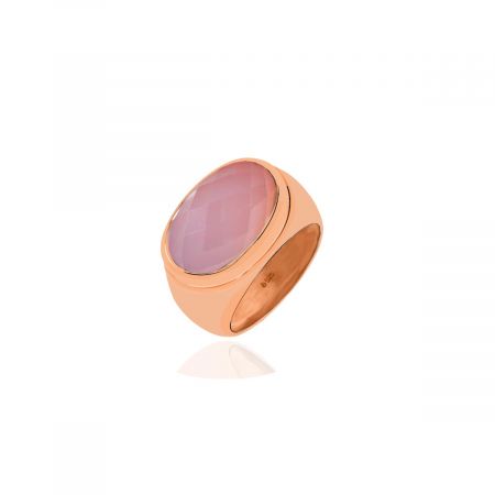 Ridge Oval Gemstone Pink Chalcedony Rose Gold Plated Silver Ring