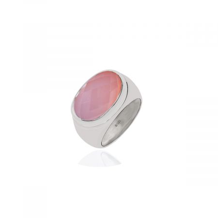 Ridge Oval Gemstone Pink Chalcedony Rhodium Plated Silver Ring