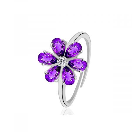 Amethyst With White Topaz Rhodium Plated Vermeil Silver Ring