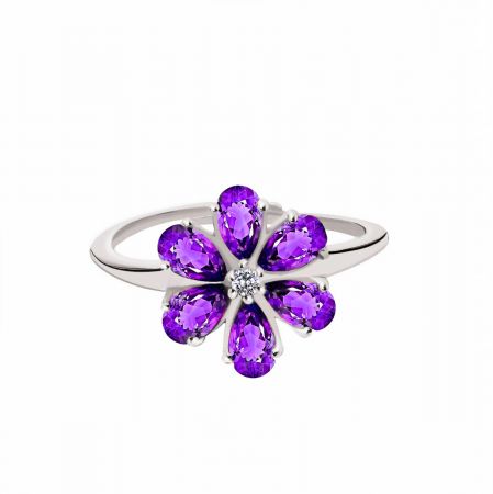 Amethyst With White Topaz Rhodium Plated Vermeil Silver Ring