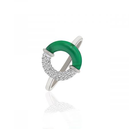 Green Onyx With White Zircon Rhodium Plated Vermeil Silver Ring