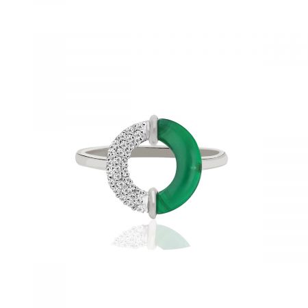 Green Onyx With White Zircon Rhodium Plated Vermeil Silver Ring